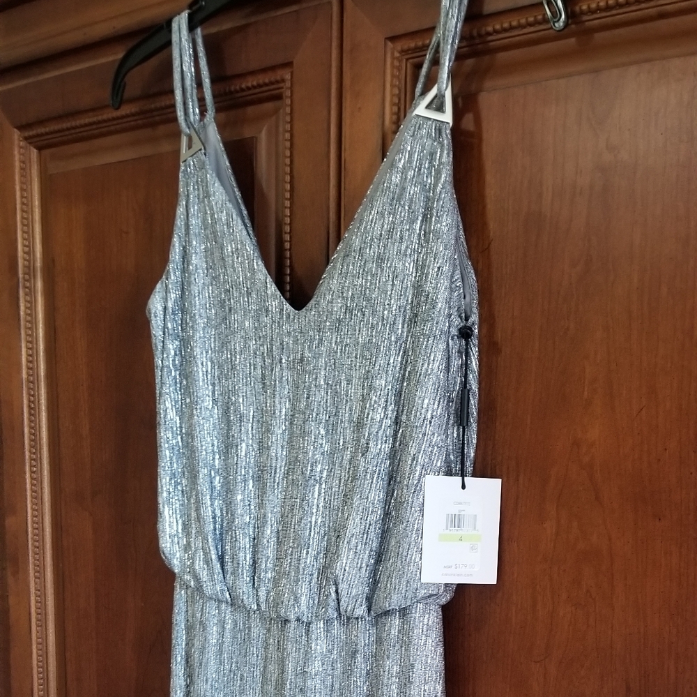 Calvin Klein Metallic Silver Blouson Gown